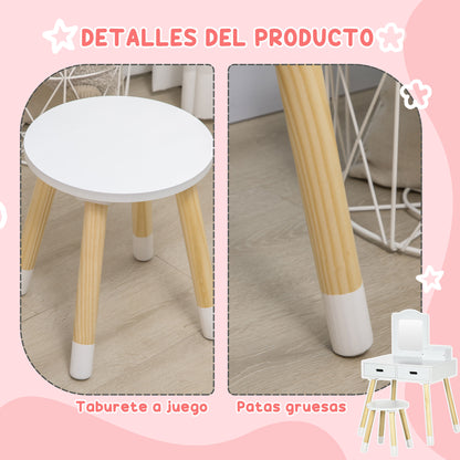 ZONEKIZ Girls Vanity Table Children's Wooden Vanity with Stool and Mirror Beauty Center with 2 Drawers Educational Toy for Girls 3-6 Years 60x40x95 cm White
