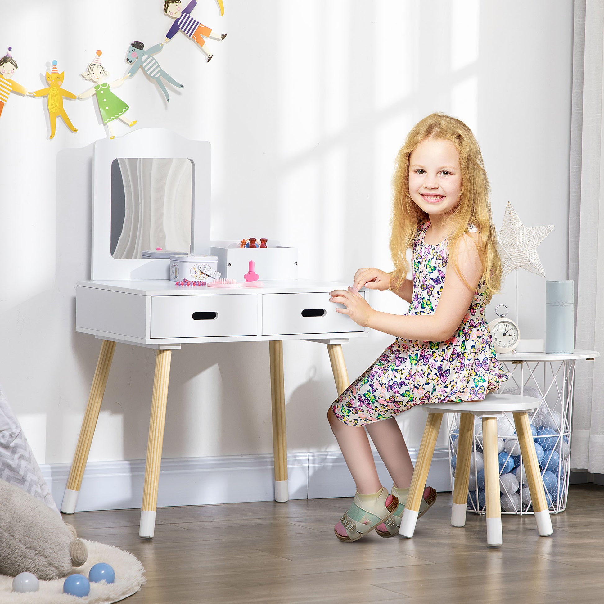 ZONEKIZ Girls Vanity Table Children's Wooden Vanity with Stool and Mirror Beauty Center with 2 Drawers Educational Toy for Girls 3-6 Years 60x40x95 cm White