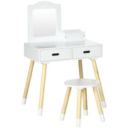 ZONEKIZ Girls Vanity Table Children's Wooden Vanity with Stool and Mirror Beauty Center with 2 Drawers Educational Toy for Girls 3-6 Years 60x40x95 cm White