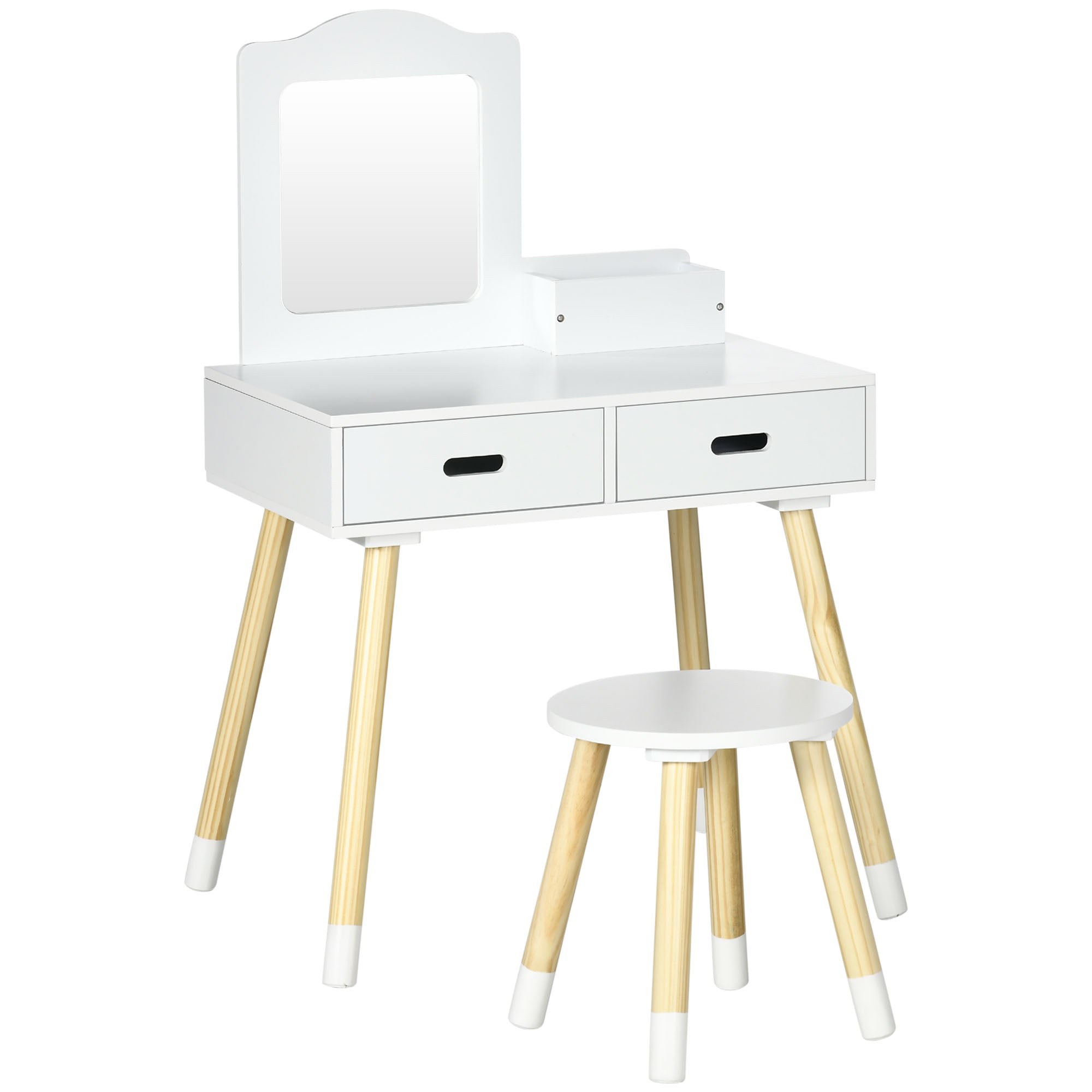 ZONEKIZ Girls Vanity Table Children's Wooden Vanity with Stool and Mirror Beauty Center with 2 Drawers Educational Toy for Girls 3-6 Years 60x40x95 cm White