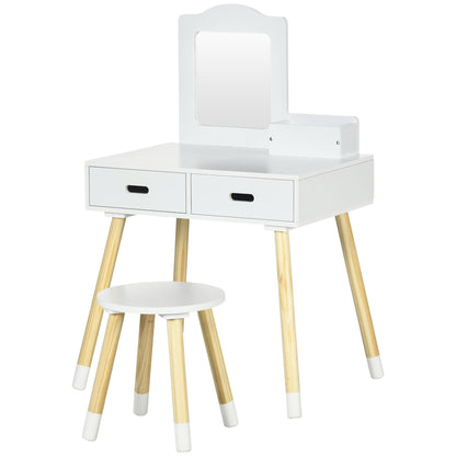 ZONEKIZ Girls Vanity Table Children's Wooden Vanity with Stool and Mirror Beauty Center with 2 Drawers Educational Toy for Girls 3-6 Years 60x40x95 cm White