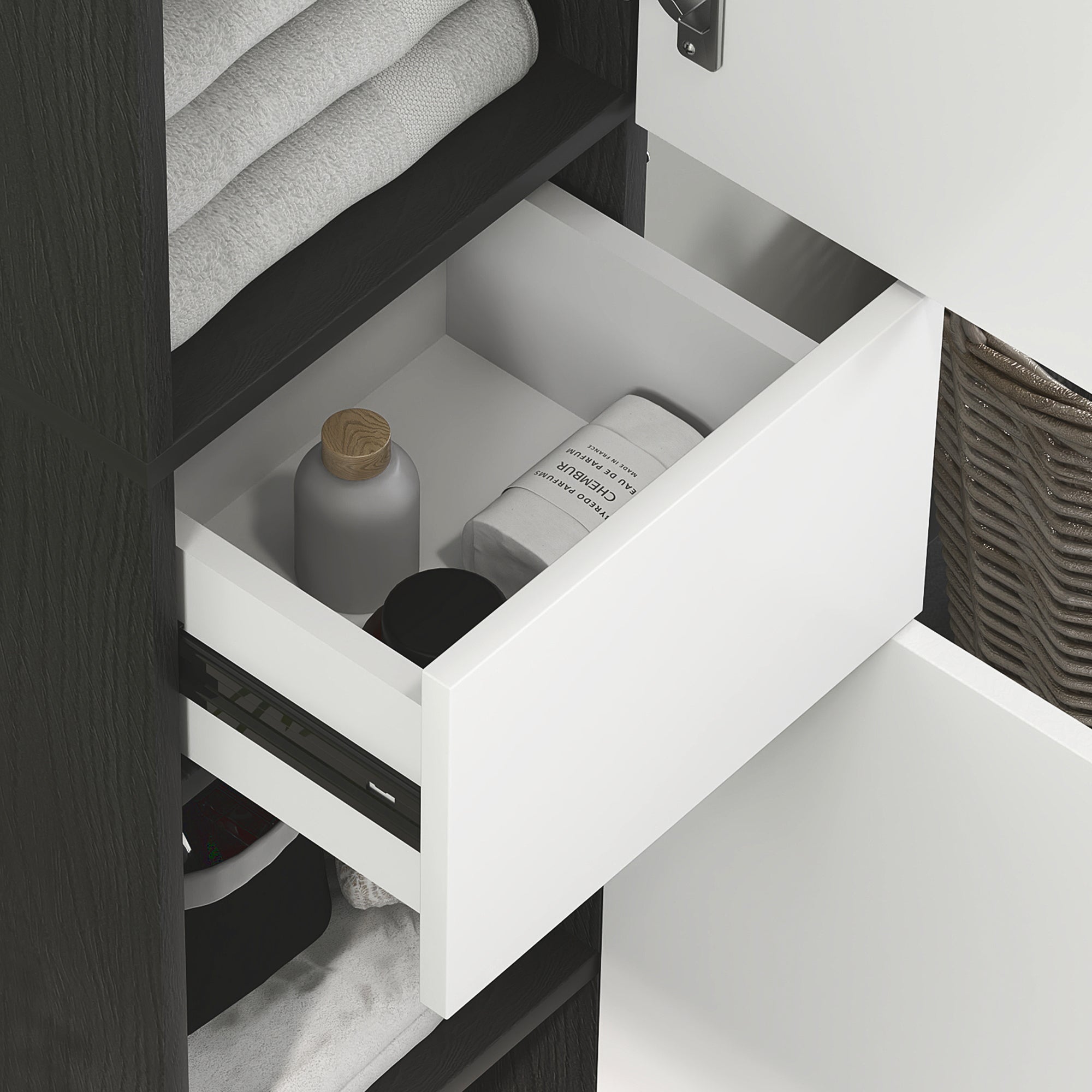Bathroom Column with 2 Cabinets and Drawer, Tall Bathroom Cabinet, Space-Saving Bathroom Cabinet with 2 Doors, Adjustable Shelves in Wood, 30x28x180 cm, Black