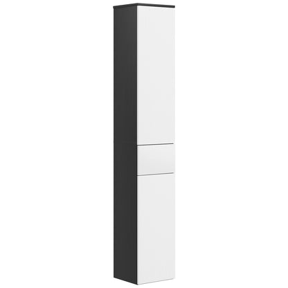 Bathroom Column with 2 Cabinets and Drawer, Tall Bathroom Cabinet, Space-Saving Bathroom Cabinet with 2 Doors, Adjustable Shelves in Wood, 30x28x180 cm, Black