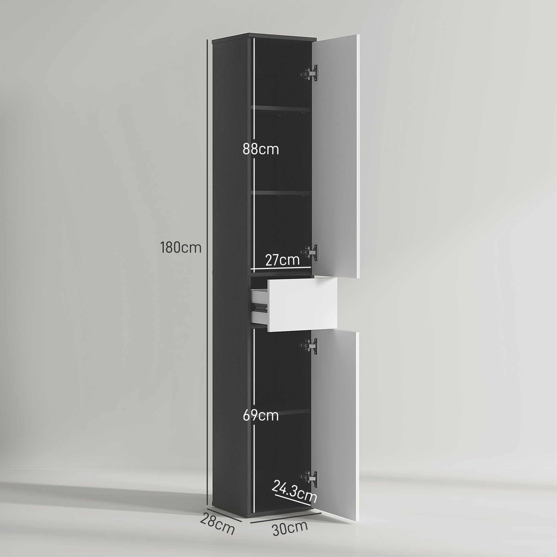 Bathroom Column with 2 Cabinets and Drawer, Tall Bathroom Cabinet, Space-Saving Bathroom Cabinet with 2 Doors, Adjustable Shelves in Wood, 30x28x180 cm, Black