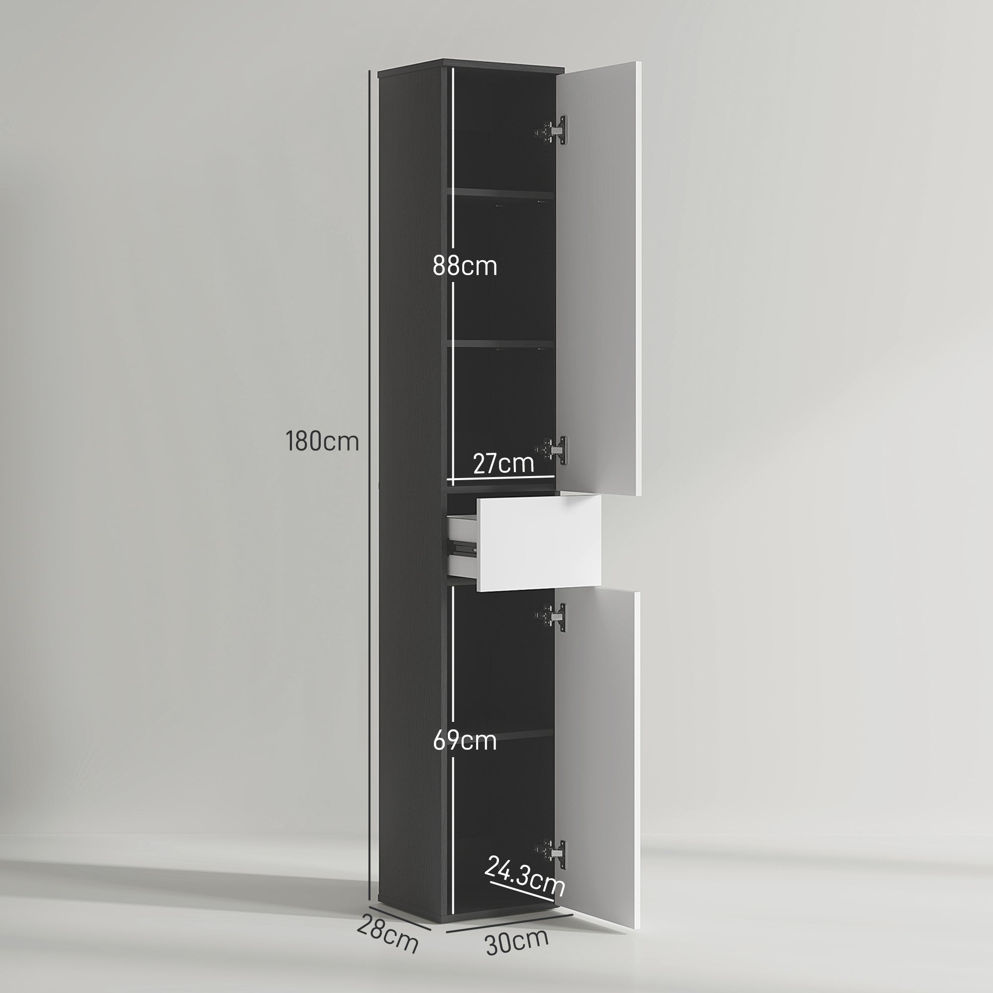 Bathroom Column with 2 Cabinets and Drawer, Tall Bathroom Cabinet, Space-Saving Bathroom Cabinet with 2 Doors, Adjustable Shelves in Wood, 30x28x180 cm, Black