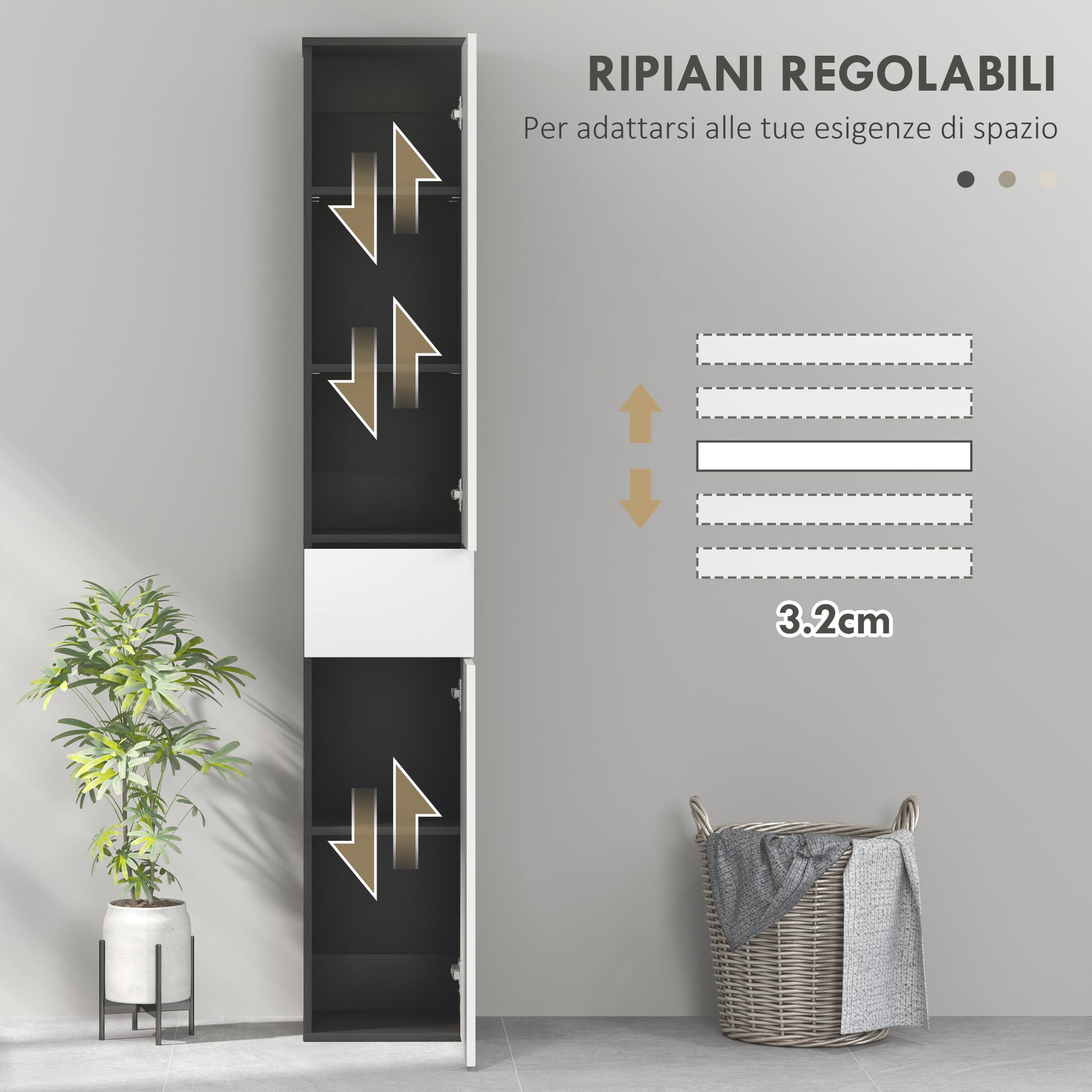 Bathroom Column with 2 Cabinets and Drawer, Tall Bathroom Cabinet, Space-Saving Bathroom Cabinet with 2 Doors, Adjustable Shelves in Wood, 30x28x180 cm, Black