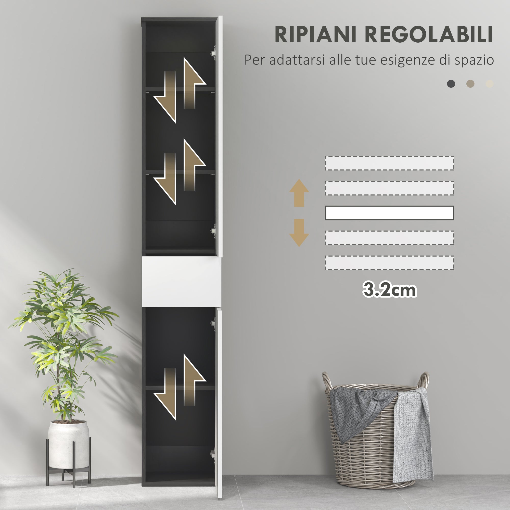 Bathroom Column with 2 Cabinets and Drawer, Tall Bathroom Cabinet, Space-Saving Bathroom Cabinet with 2 Doors, Adjustable Shelves in Wood, 30x28x180 cm, Black