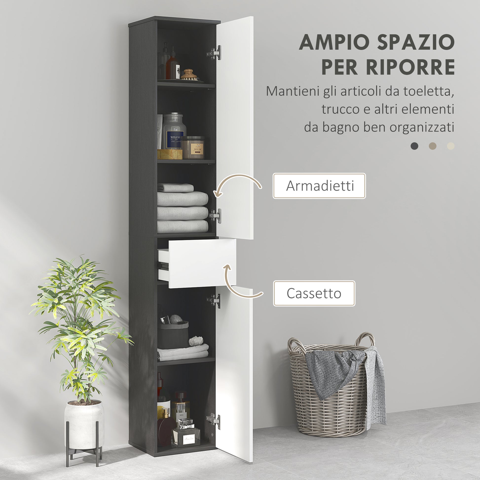 Bathroom Column with 2 Cabinets and Drawer, Tall Bathroom Cabinet, Space-Saving Bathroom Cabinet with 2 Doors, Adjustable Shelves in Wood, 30x28x180 cm, Black