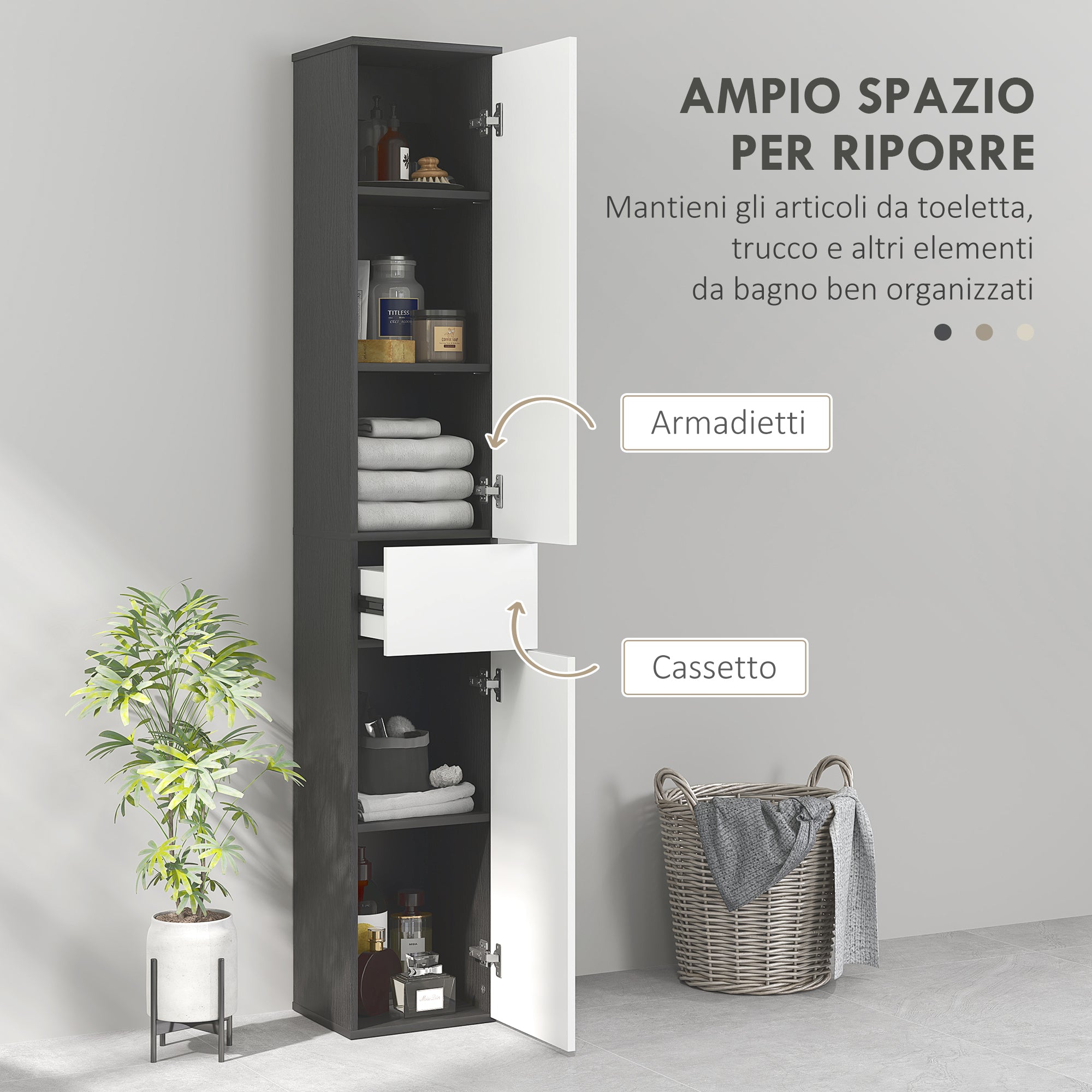 Bathroom Column with 2 Cabinets and Drawer, Tall Bathroom Cabinet, Space-Saving Bathroom Cabinet with 2 Doors, Adjustable Shelves in Wood, 30x28x180 cm, Black