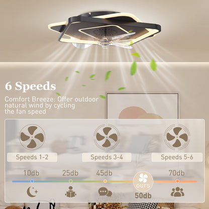 LED Ceiling Light with Fan, Quiet 21" Ceiling Fan Light, 6 Speeds, Timer, Remote Control, 3 Color Temperatures, DC Motor, Black
