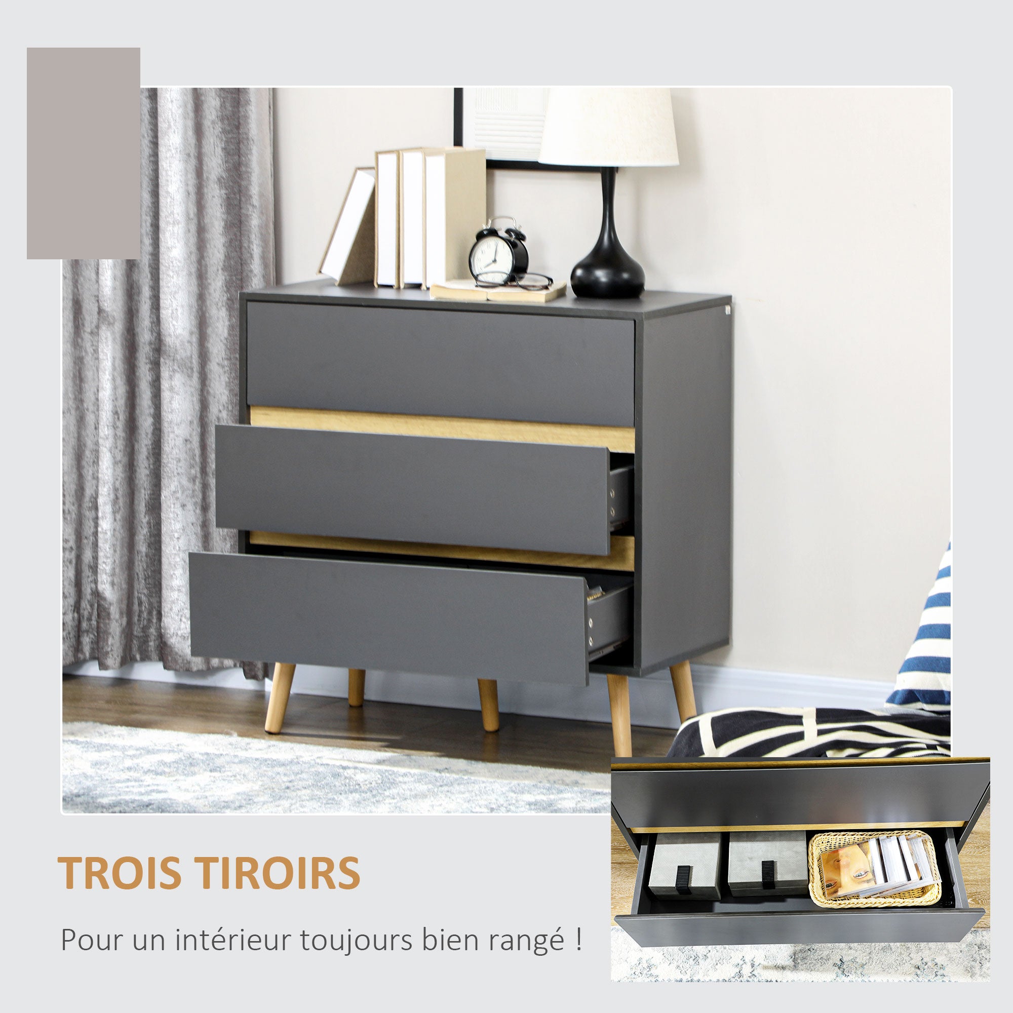 3-Drawer Chest of Drawers Storage Unit without Handle Scandinavian Design - 80 x 40 x 80 cm - Grey