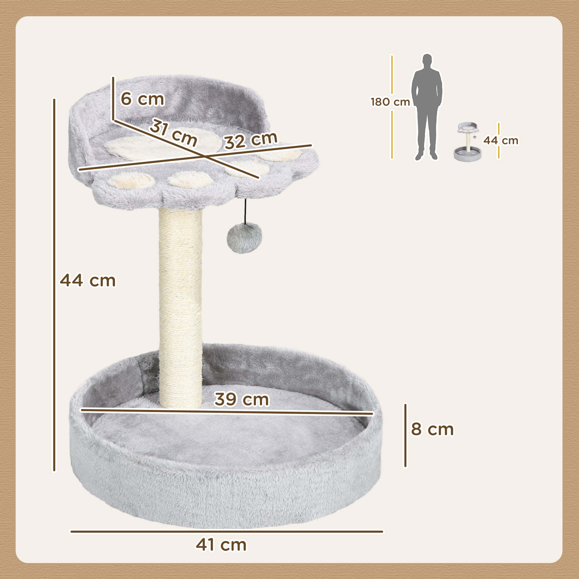 Cat Scratching Post for 5kg Cats with Beds and Ball, Cat Gym with Plush Cover and Jute Rope, 41x41x44 cm, Light Grey