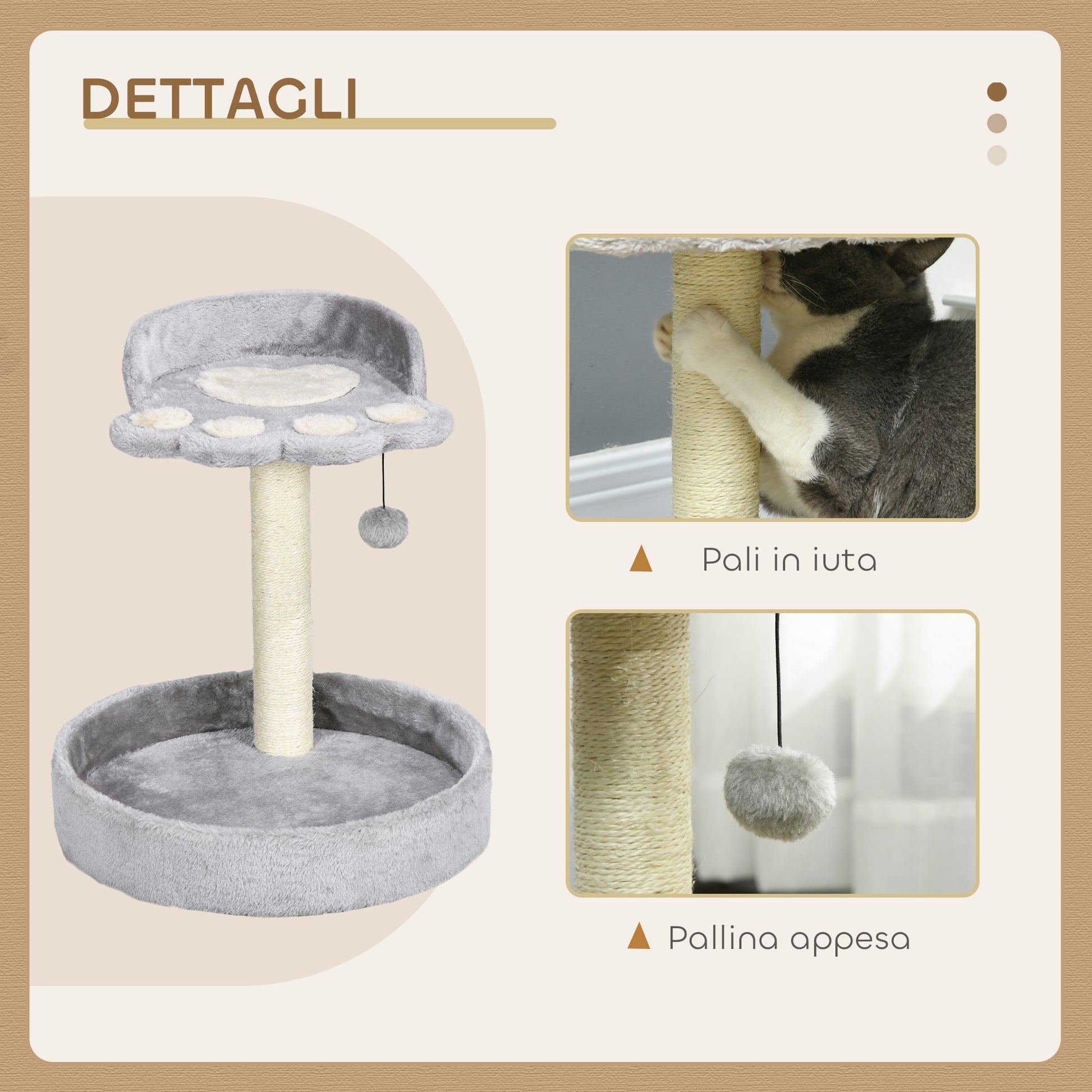 Cat Scratching Post for 5kg Cats with Beds and Ball, Cat Gym with Plush Cover and Jute Rope, 41x41x44 cm, Light Grey