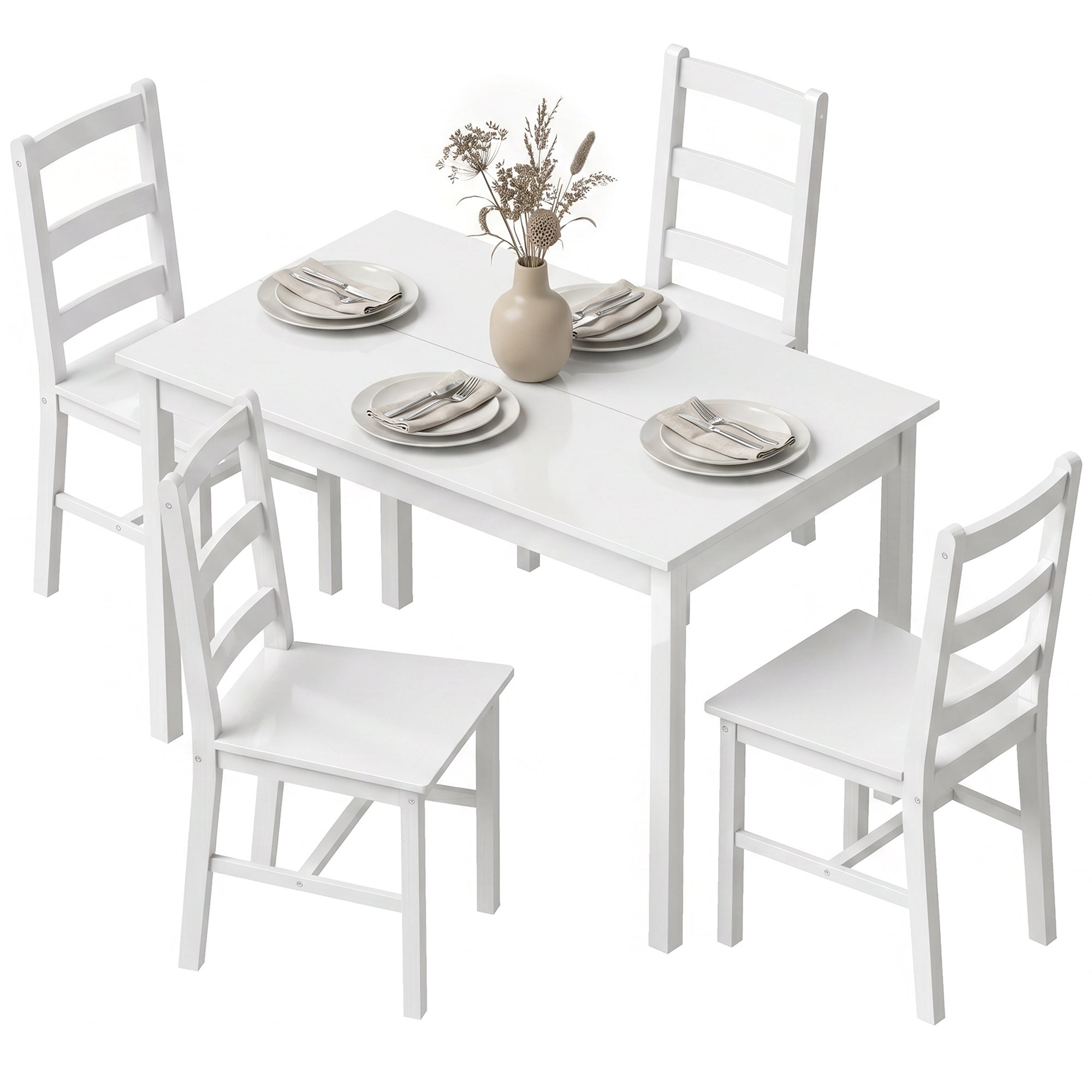 5-Piece Dining Set – Solid Pine Table & 4 Ladder-Back Chairs, White, Compact for Small Spaces