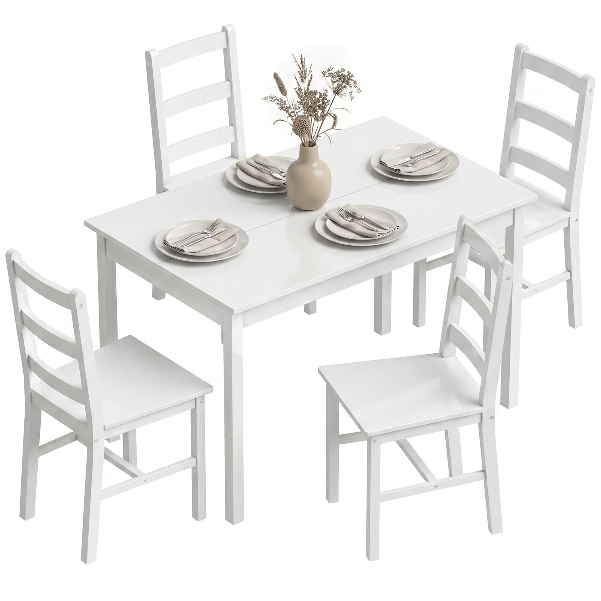5-Piece Dining Set – Solid Pine Table & 4 Ladder-Back Chairs, White, Compact for Small Spaces
