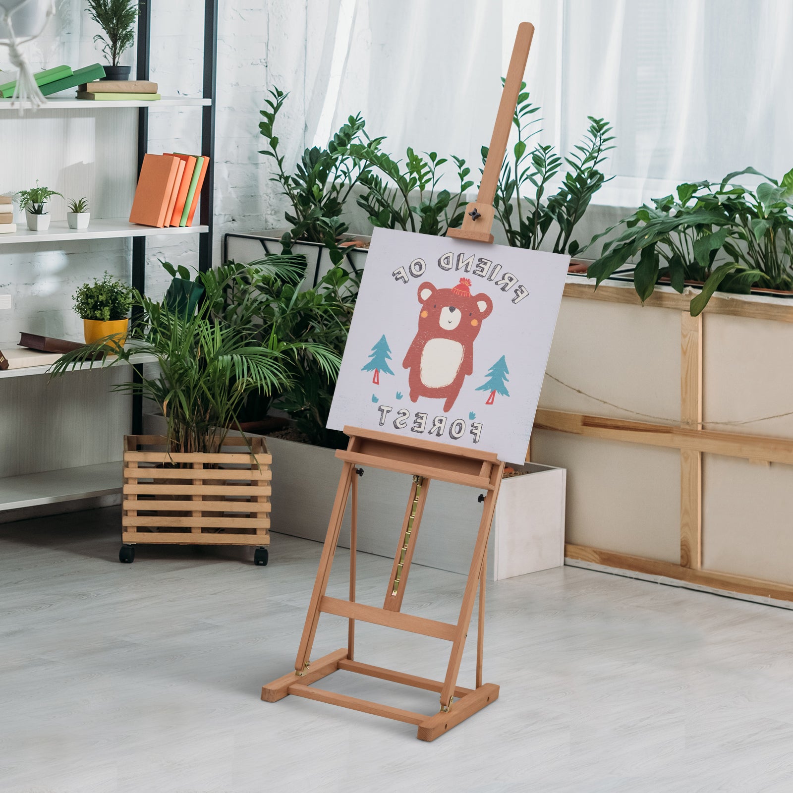 Easel Canvas Studio Easel Height and Angle Adjustable with Storage Shelf Beech Wood Natural 53 x 50.5 x 171-230 cm