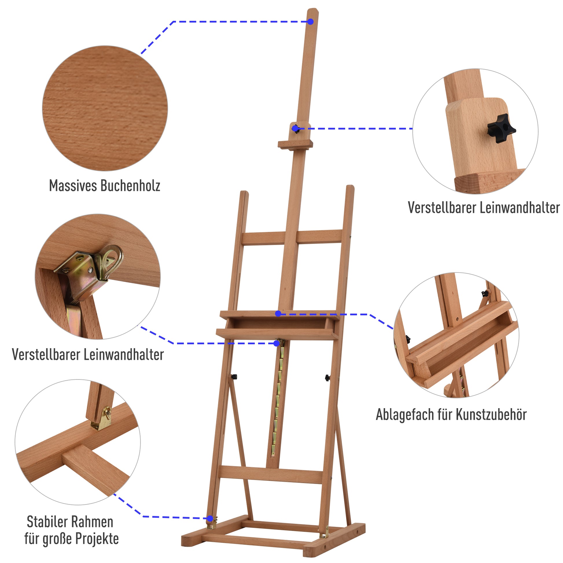 Easel Canvas Studio Easel Height and Angle Adjustable with Storage Shelf Beech Wood Natural 53 x 50.5 x 171-230 cm
