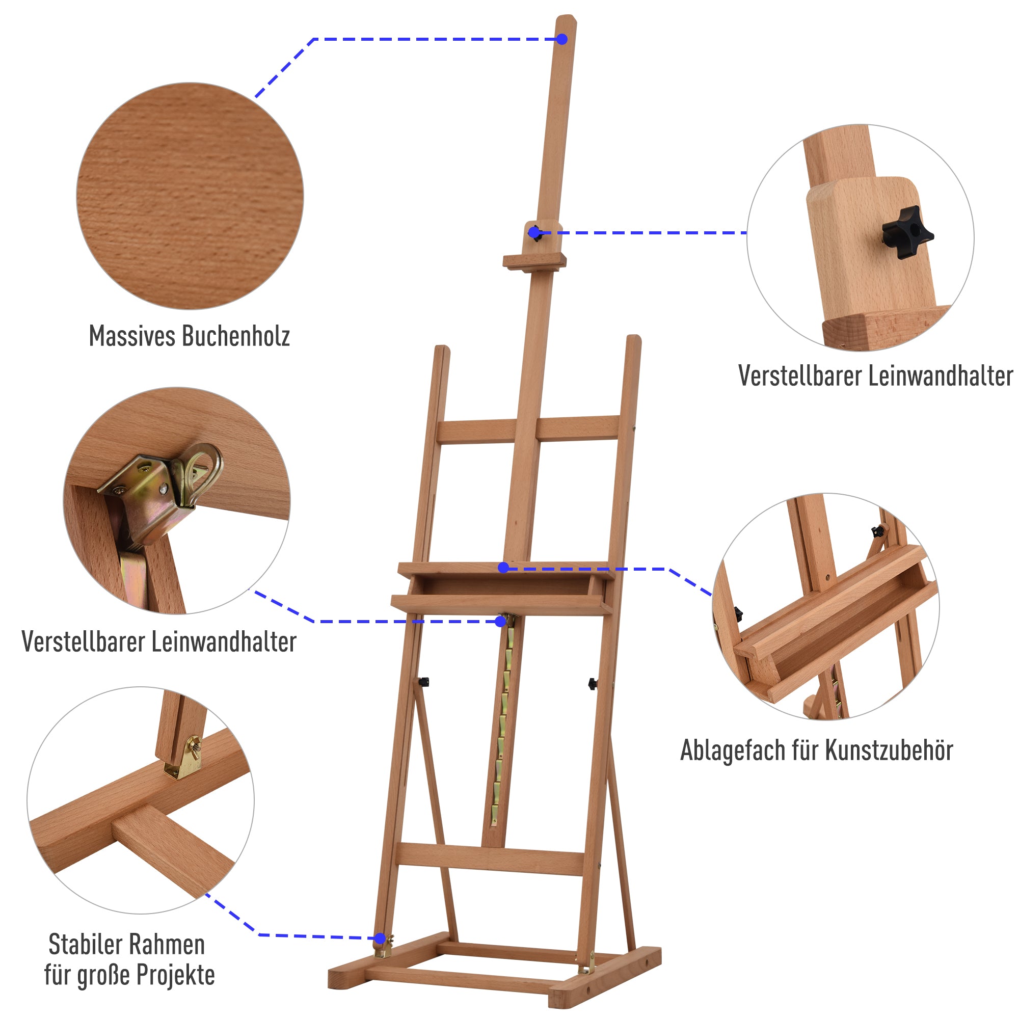 Easel Canvas Studio Easel Height and Angle Adjustable with Storage Shelf Beech Wood Natural 53 x 50.5 x 171-230 cm