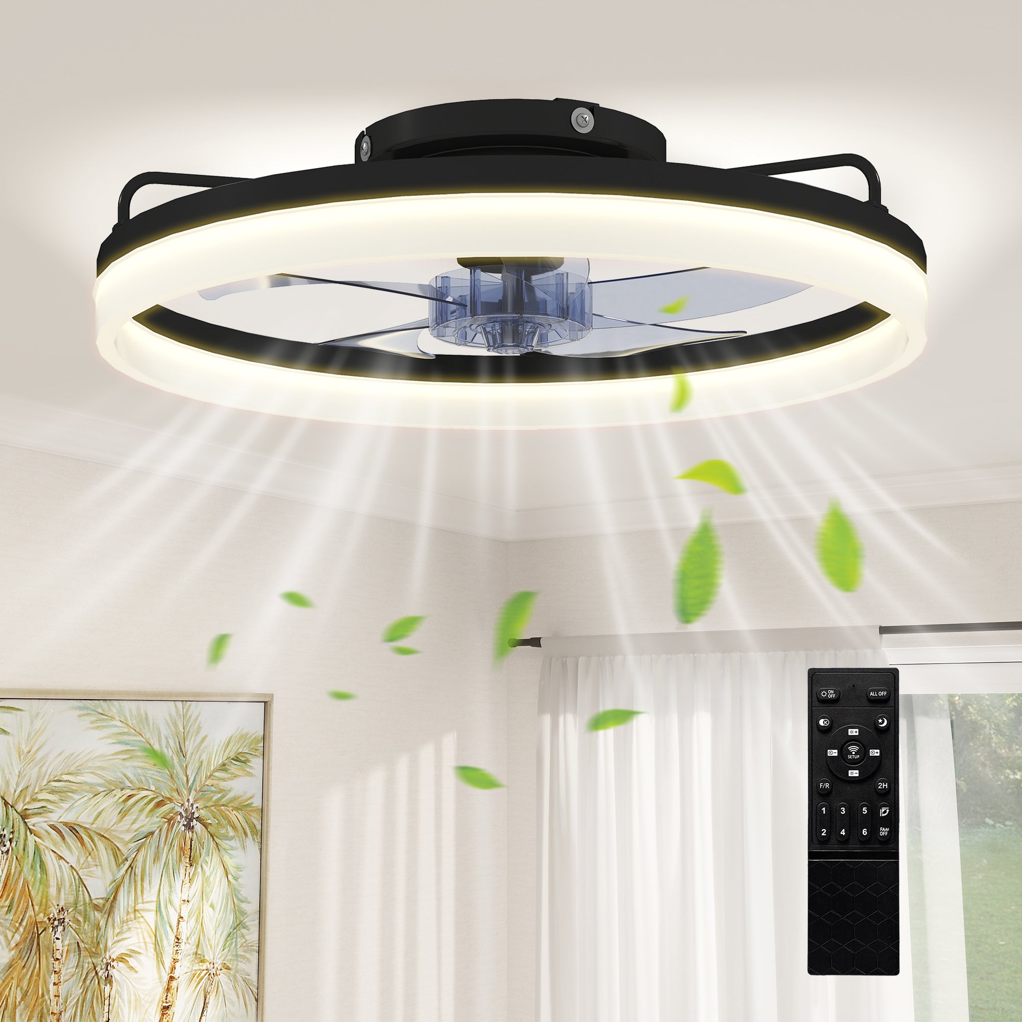 LED Ceiling Fan with Light 40W, Reversible DC Motor, Quiet Ceiling Fan Lamp, Remote Control, 6 Speeds, 3 Light Colors, Timer, for Living Room, 20 in (Ø50 cm), Black