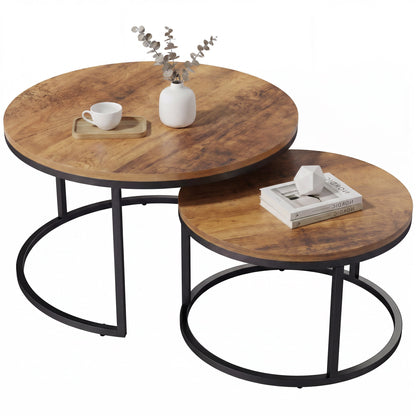 2-Piece Round Nesting Coffee Tables — Industrial Metal Frame, Brown Wood-Effect Tops (Large 23.6×23.6×17.7 in / Small 17.7×17.7×15.9 in)
