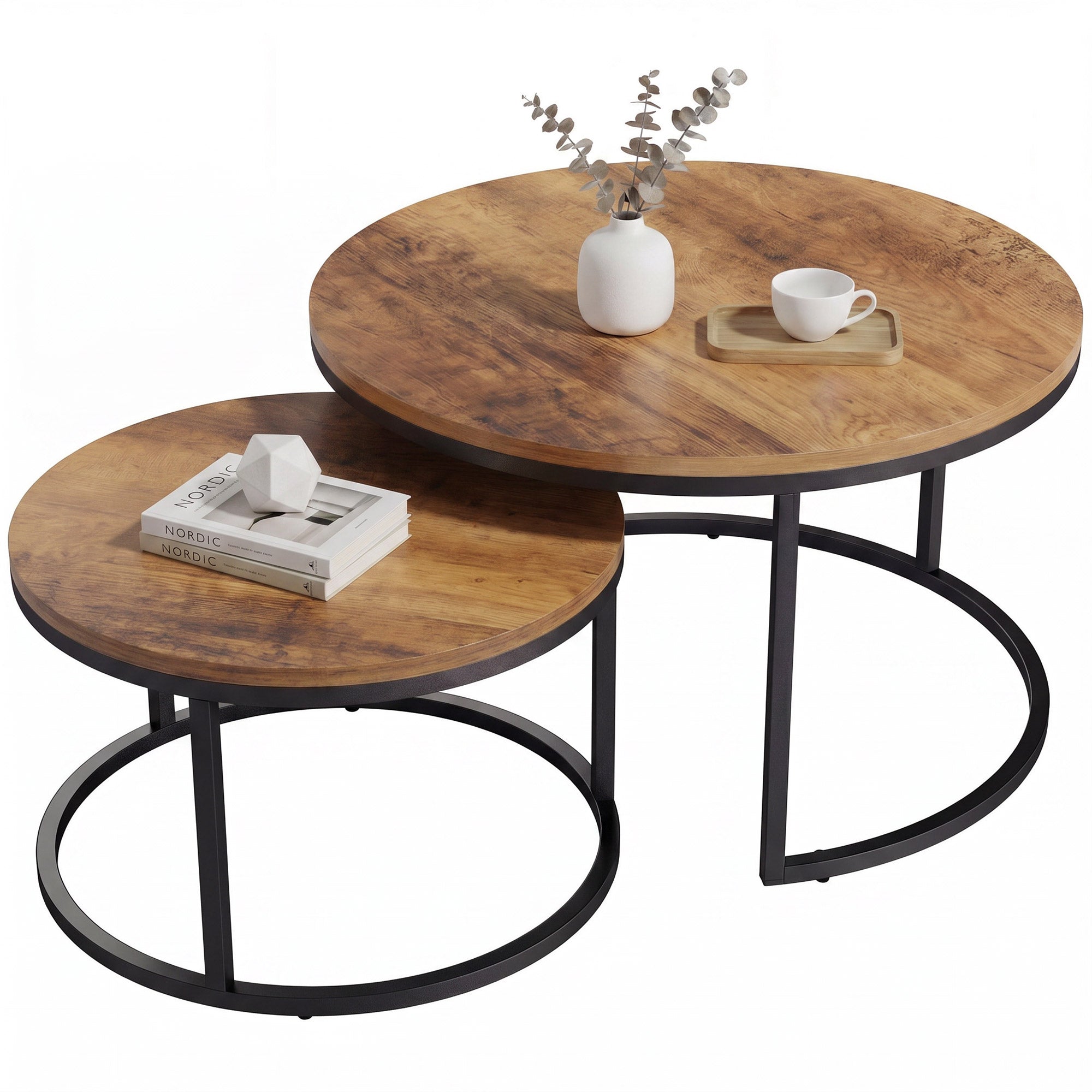 2-Piece Round Nesting Coffee Tables — Industrial Metal Frame, Brown Wood-Effect Tops (Large 23.6×23.6×17.7 in / Small 17.7×17.7×15.9 in)