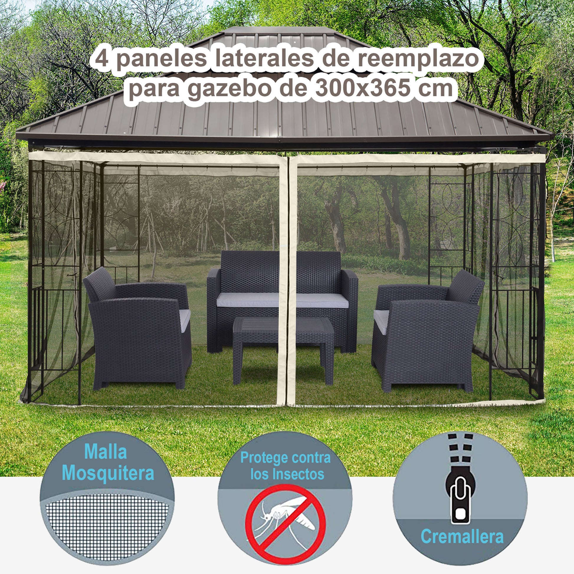 4 Side Panels 3.4x2 cm for Garden Gazebo Mesh Fabric with Zippers and Rings Black
