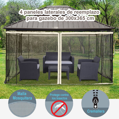 4 Side Panels 3.4x2 cm for Garden Gazebo Mesh Fabric with Zippers and Rings Black