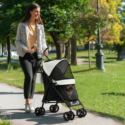 Small Dog Stroller with Umbrella Frame Foldable Dog Stroller with Washable Cushion Cup Holder Mesh Windows and Storage Bag 76x44x103 cm Cream