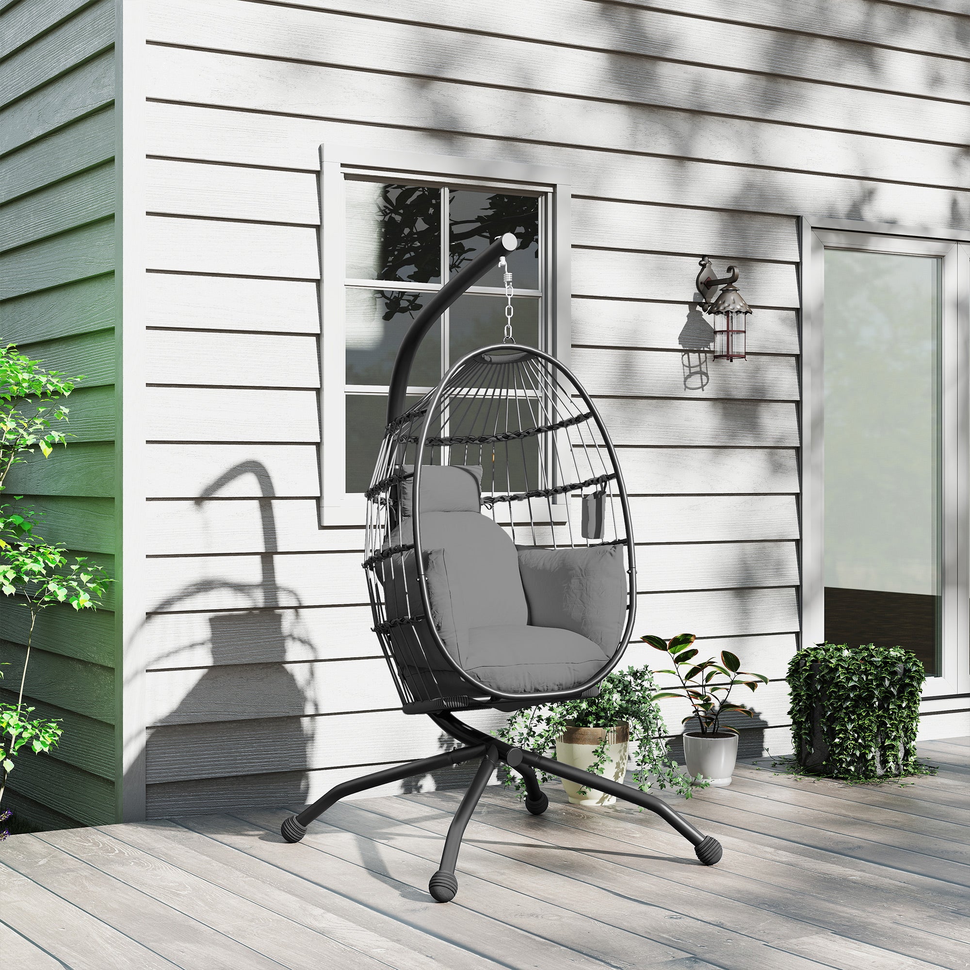 Hanging Egg Chair with Swing Stand Outdoor Garden with Foldable Basket Cushion and Headrest Hanging Swing for Indoor and Outdoor Load 120 kg Gray