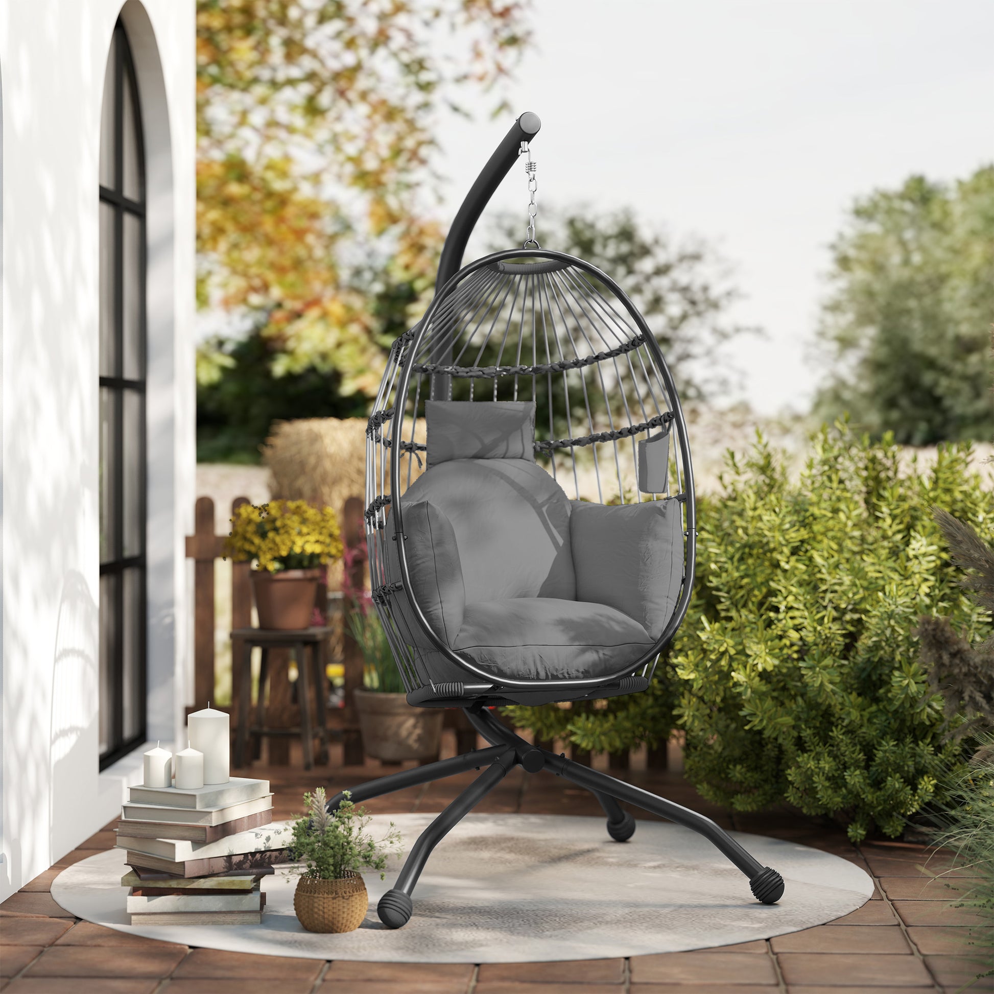 Hanging Egg Chair with Swing Stand Outdoor Garden with Foldable Basket Cushion and Headrest Hanging Swing for Indoor and Outdoor Load 120 kg Gray