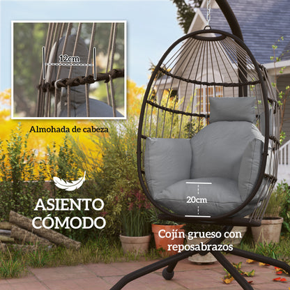 Hanging Egg Chair with Swing Stand Outdoor Garden with Foldable Basket Cushion and Headrest Hanging Swing for Indoor and Outdoor Load 120 kg Gray