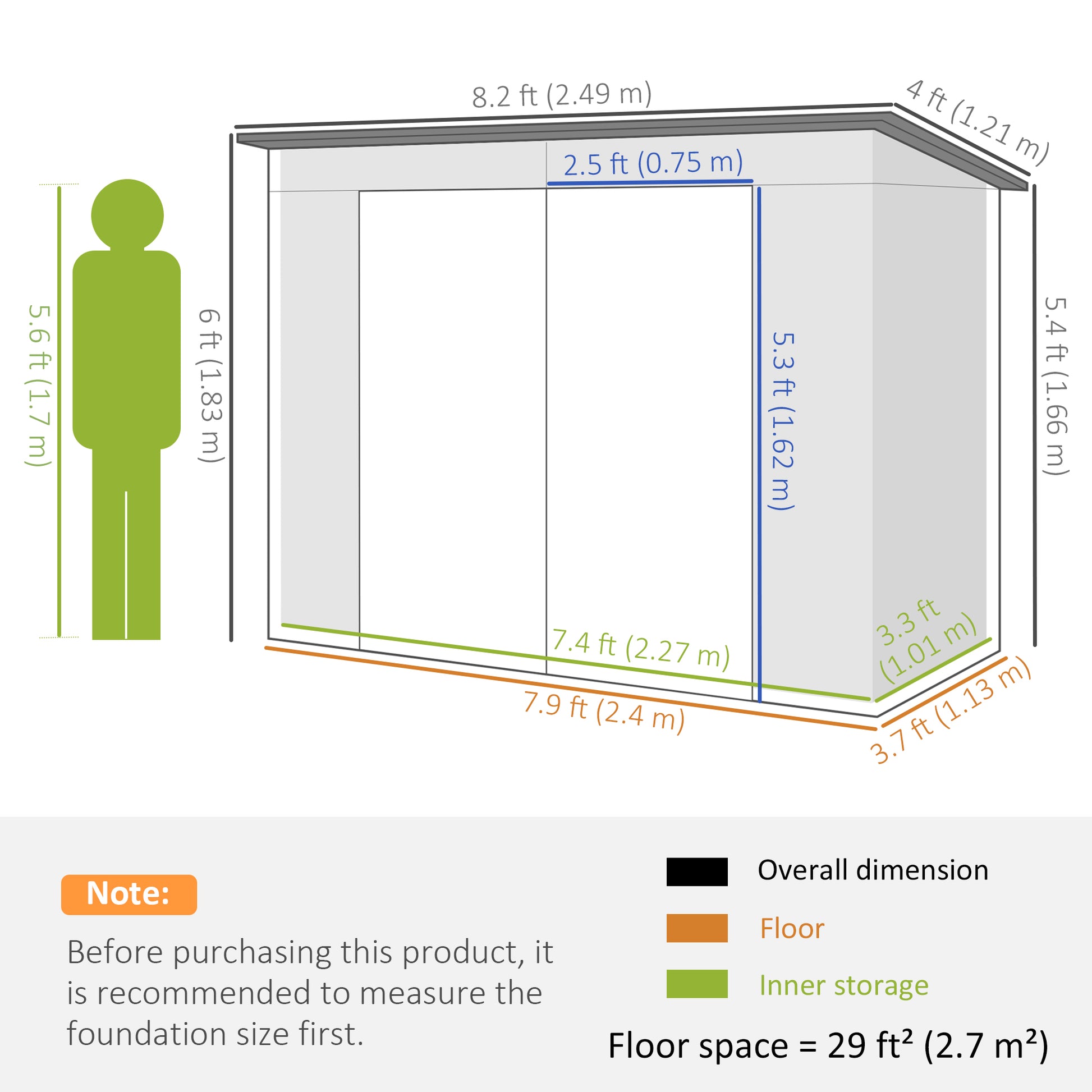 Metal Tool Shed 4.1m² 249x121x183cm Garden Shed with Pent Roof Lockable Double Door Window Outdoor Garden Shed Cabinet for Backyard Outdoor Area Gray