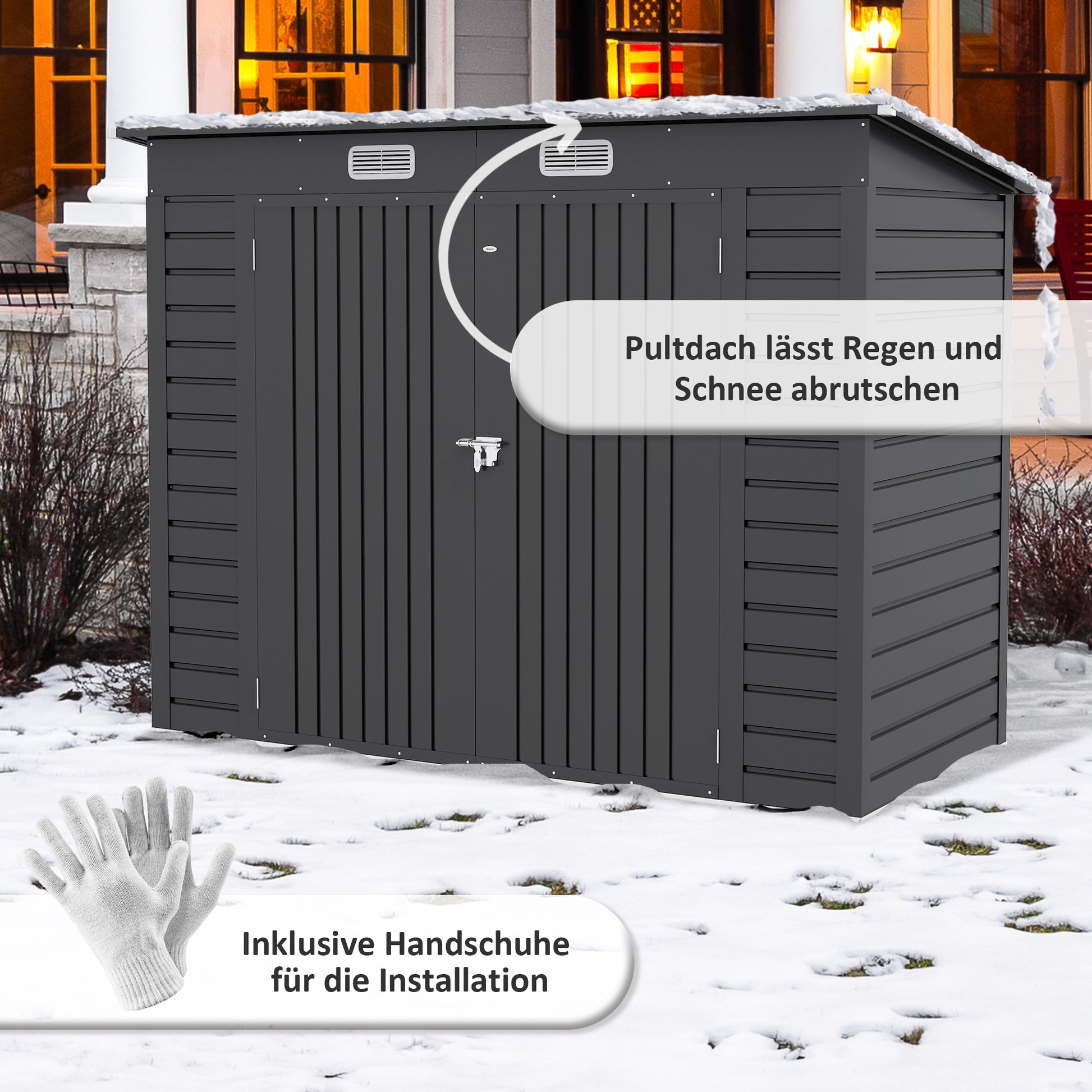 Metal Tool Shed 4.1m² 249x121x183cm Garden Shed with Pent Roof Lockable Double Door Window Outdoor Garden Shed Cabinet for Backyard Outdoor Area Gray