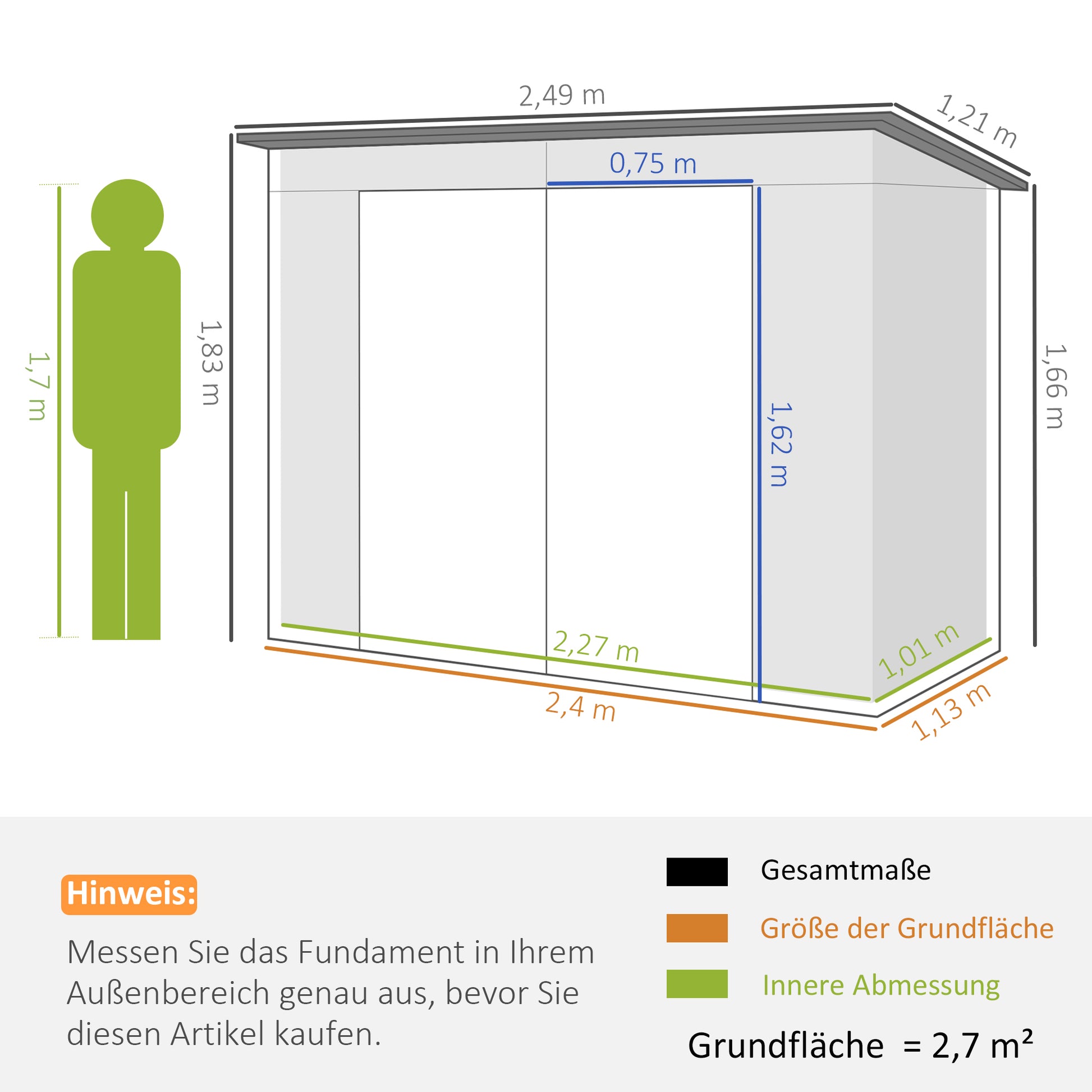 Metal Tool Shed 4.1m² 249x121x183cm Garden Shed with Pent Roof Lockable Double Door Window Outdoor Garden Shed Cabinet for Backyard Outdoor Area Gray