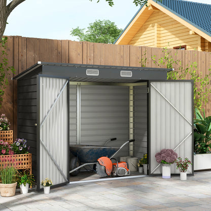 Metal Tool Shed 4.1m² 249x121x183cm Garden Shed with Pent Roof Lockable Double Door Window Outdoor Garden Shed Cabinet for Backyard Outdoor Area Gray