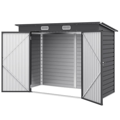 Metal Tool Shed 4.1m² 249x121x183cm Garden Shed with Pent Roof Lockable Double Door Window Outdoor Garden Shed Cabinet for Backyard Outdoor Area Gray