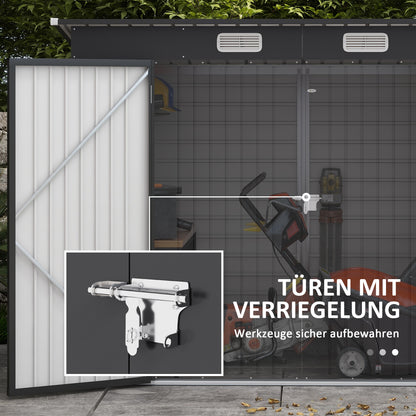 Metal Tool Shed 4.1m² 249x121x183cm Garden Shed with Pent Roof Lockable Double Door Window Outdoor Garden Shed Cabinet for Backyard Outdoor Area Gray