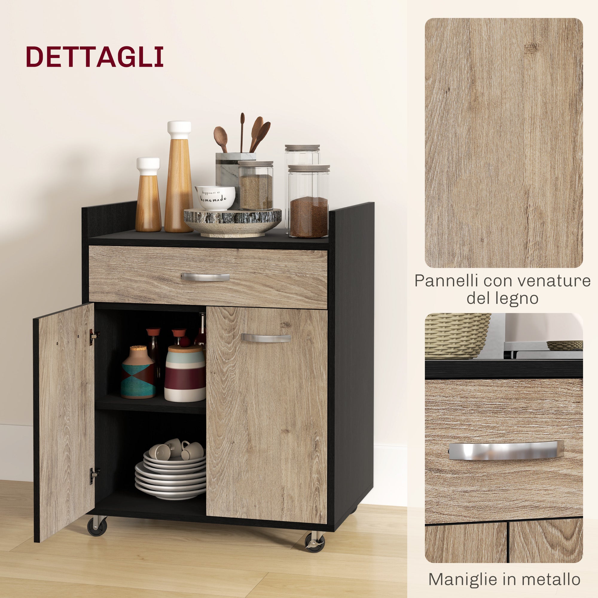 Microwave Kitchen Cart with Drawer and Cabinet, Kitchen Island in Wood with 4 Wheels and Adjustable Shelf, 60x40x77 cm, Black and Gray