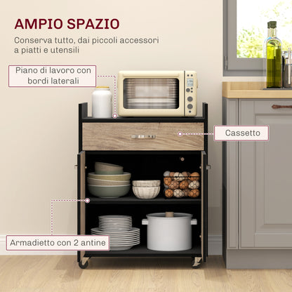 Microwave Kitchen Cart with Drawer and Cabinet, Kitchen Island in Wood with 4 Wheels and Adjustable Shelf, 60x40x77 cm, Black and Gray