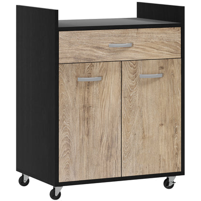 Microwave Kitchen Cart with Drawer and Cabinet, Kitchen Island in Wood with 4 Wheels and Adjustable Shelf, 60x40x77 cm, Black and Gray