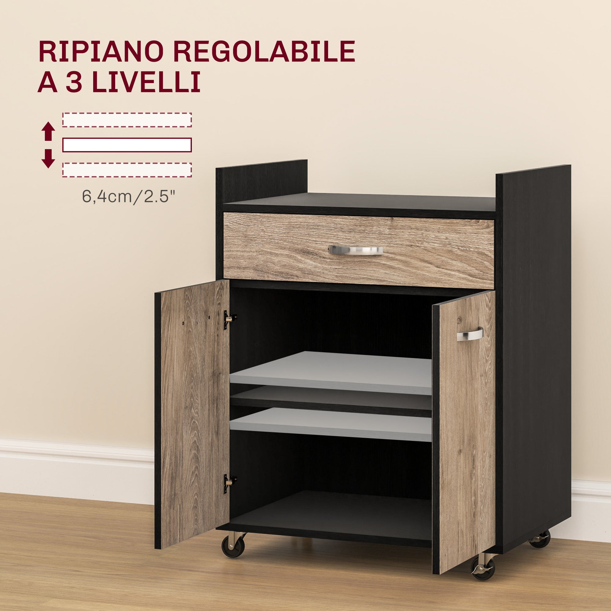 Microwave Kitchen Cart with Drawer and Cabinet, Kitchen Island in Wood with 4 Wheels and Adjustable Shelf, 60x40x77 cm, Black and Gray