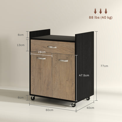 Microwave Kitchen Cart with Drawer and Cabinet, Kitchen Island in Wood with 4 Wheels and Adjustable Shelf, 60x40x77 cm, Black and Gray