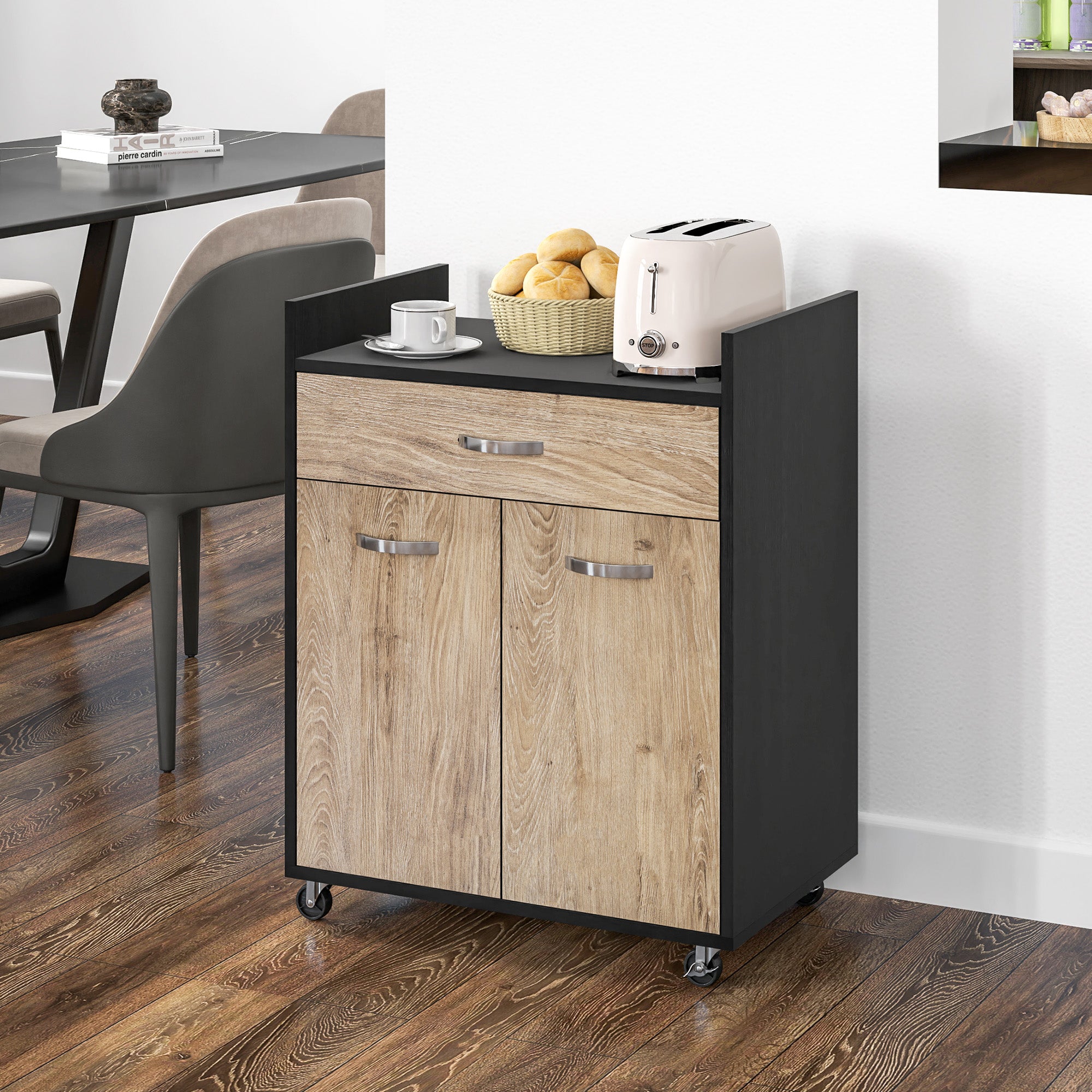 Microwave Kitchen Cart with Drawer and Cabinet, Kitchen Island in Wood with 4 Wheels and Adjustable Shelf, 60x40x77 cm, Black and Gray