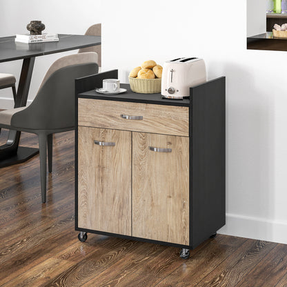 Microwave Kitchen Cart with Drawer and Cabinet, Kitchen Island in Wood with 4 Wheels and Adjustable Shelf, 60x40x77 cm, Black and Gray