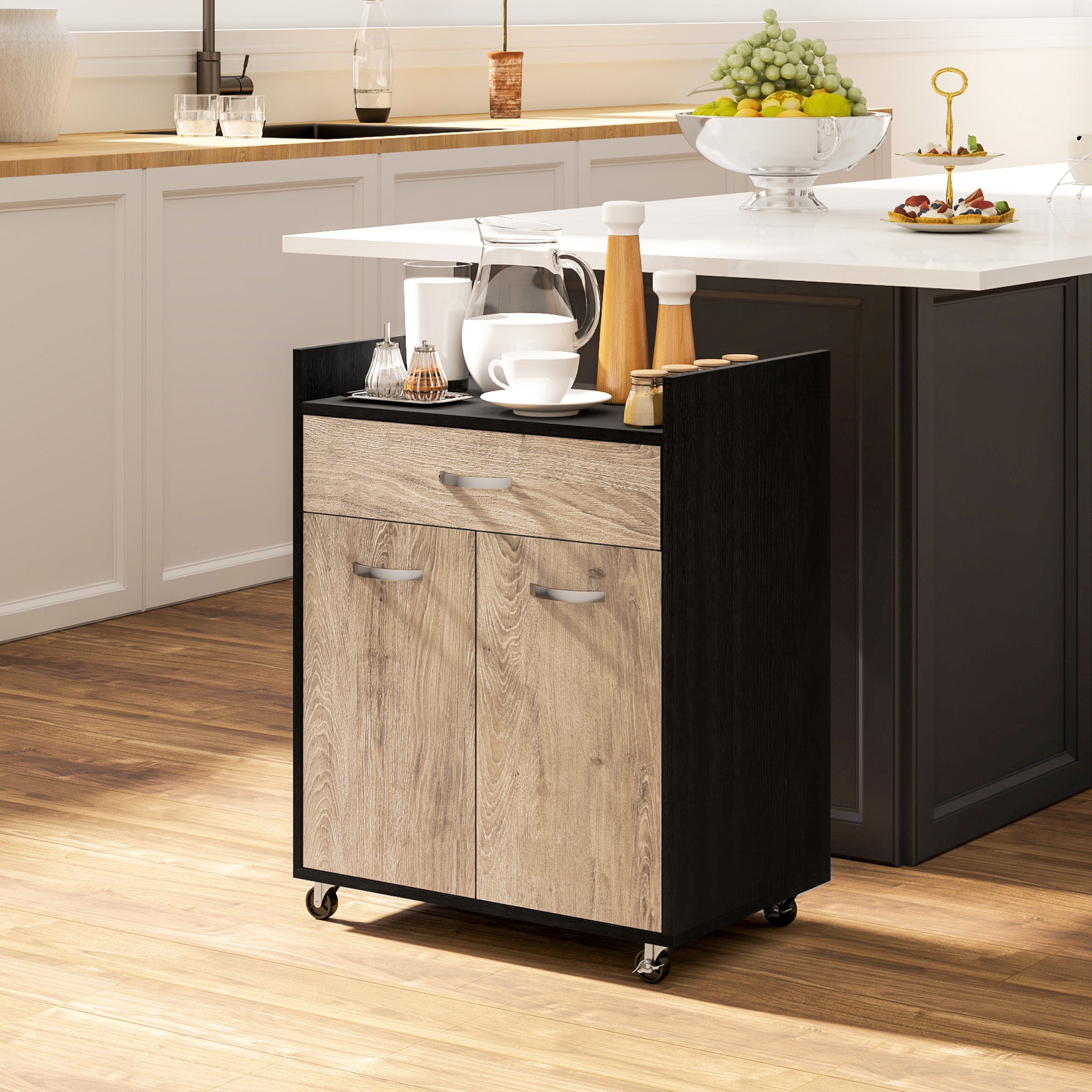 Microwave Kitchen Cart with Drawer and Cabinet, Kitchen Island in Wood with 4 Wheels and Adjustable Shelf, 60x40x77 cm, Black and Gray