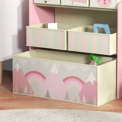 ZONEKIZ Kids Bookcase — Toy Organizer with 6 Removable Non-Woven Fabric Bins, Pink, 63 x 30 x 66 cm (24.8 x 11.8 x 26.0 in)