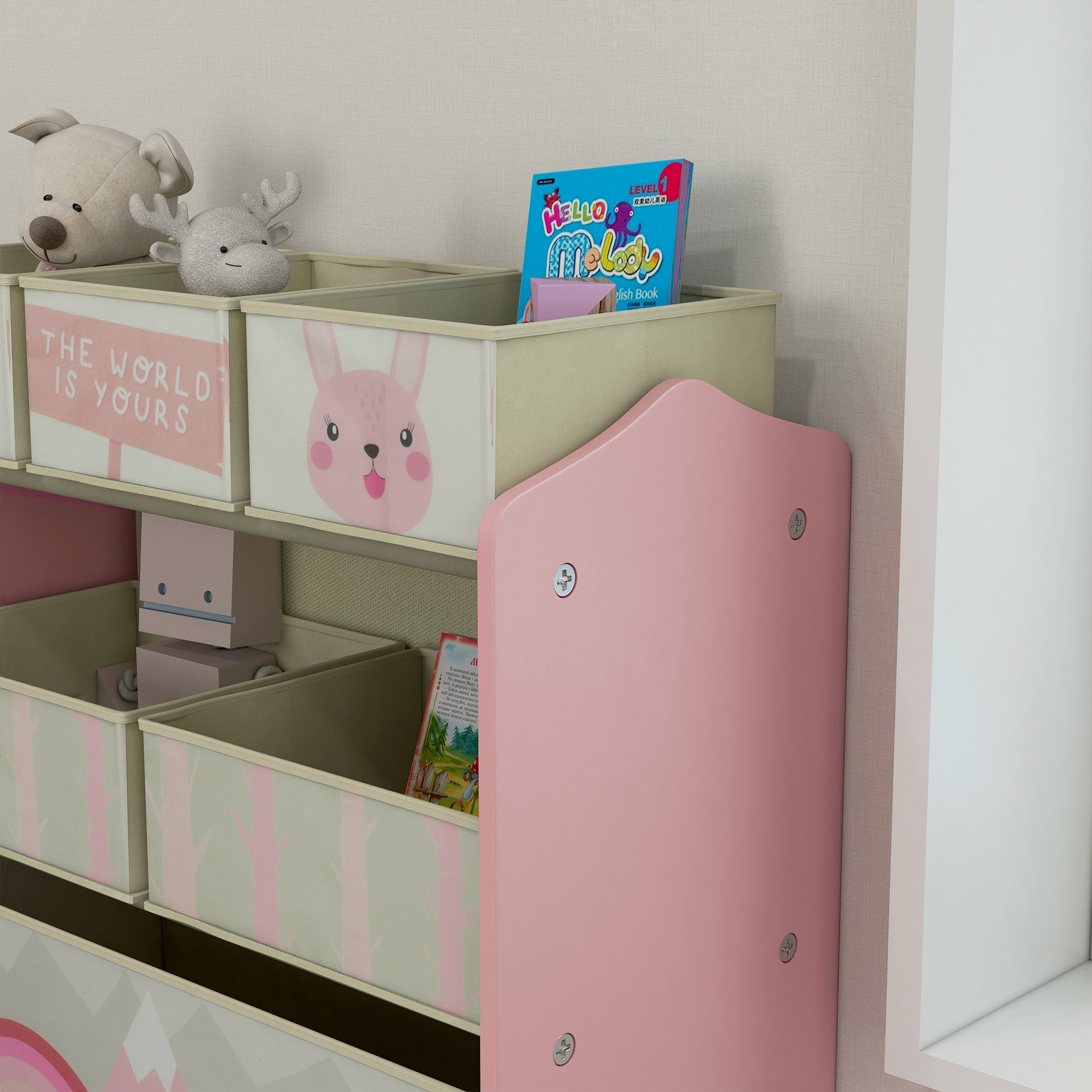 ZONEKIZ Kids Bookcase — Toy Organizer with 6 Removable Non-Woven Fabric Bins, Pink, 63 x 30 x 66 cm (24.8 x 11.8 x 26.0 in)