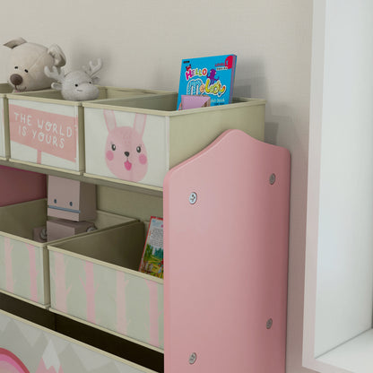 ZONEKIZ Kids Bookcase — Toy Organizer with 6 Removable Non-Woven Fabric Bins, Pink, 63 x 30 x 66 cm (24.8 x 11.8 x 26.0 in)