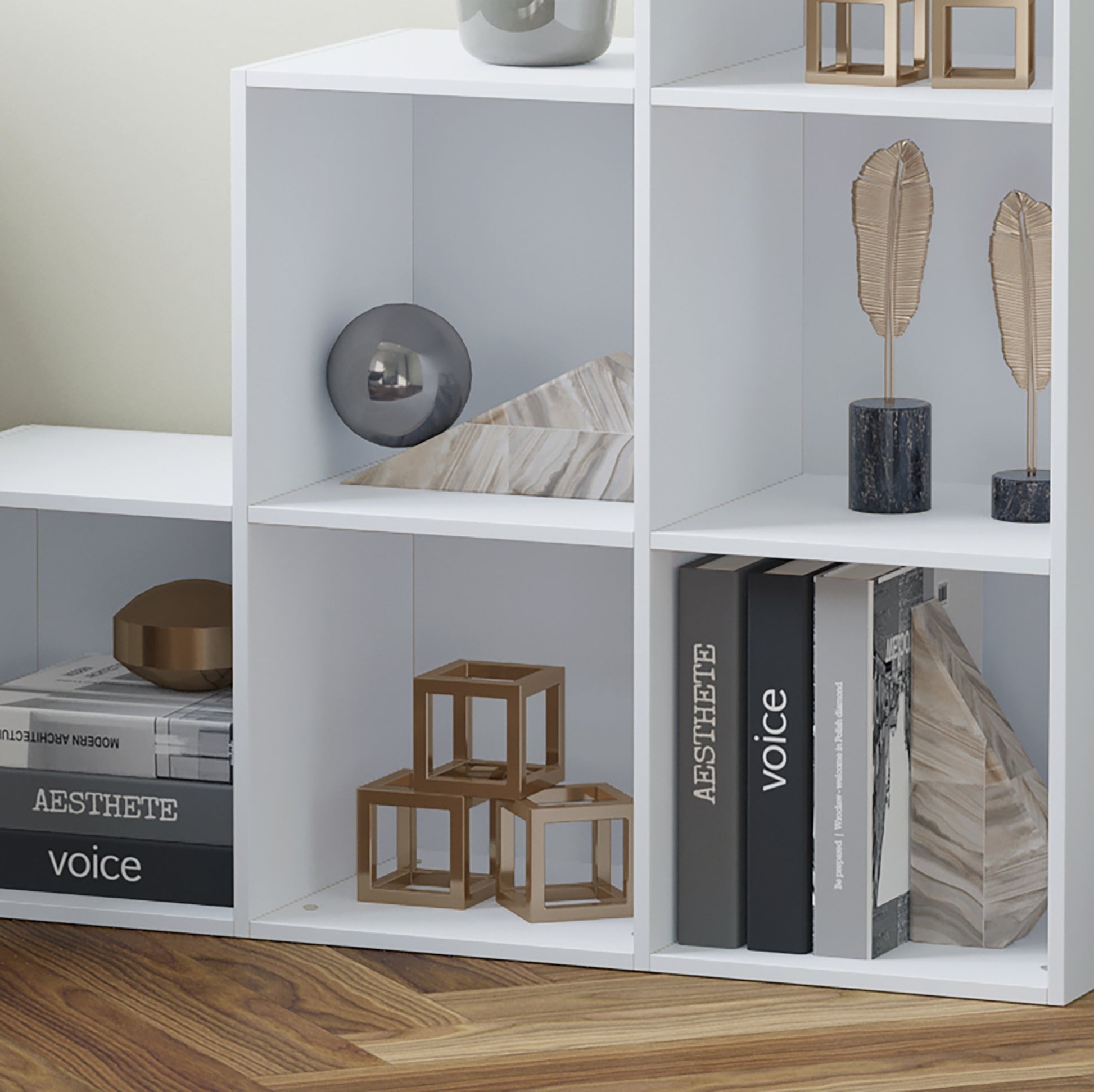Ladder Shape Storage Cabinet with 6 Cubes Standing Shelf Display Shelf 91.5x29.5x91.5cm Wood