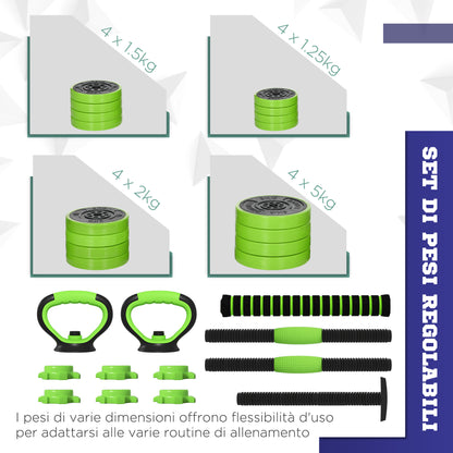 SPORTNOW 4 in 1 Gym Weights Set Total 40kg in Plastic and Sand, Adjustable Dumbbell Set Usable as Kettlebell, 2 Dumbbells, Barbell and Push-Up Stand, Green